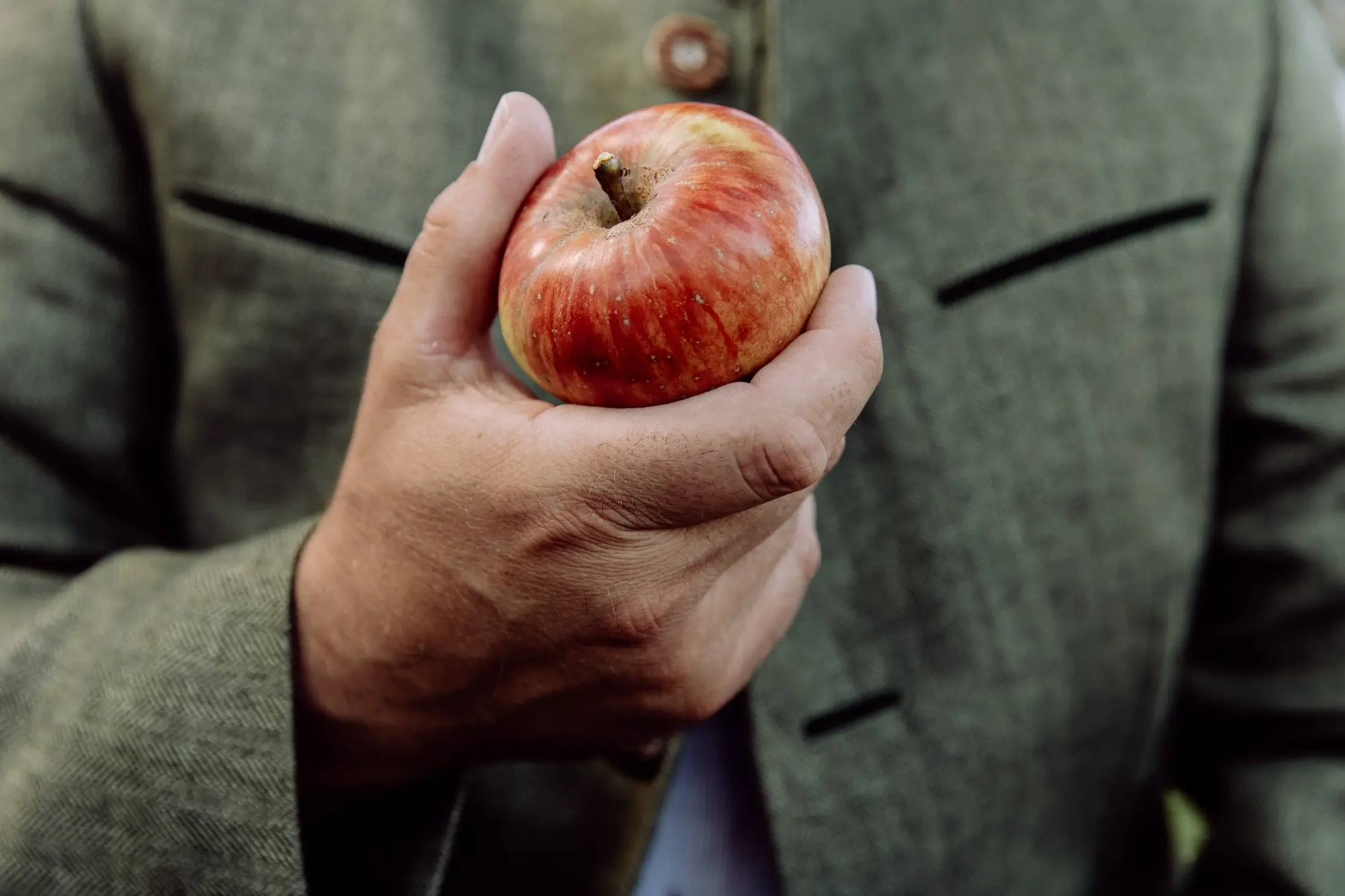 Max Singer hält einen Apfel aus Bad Feilnbach in der Hand